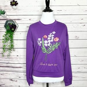 “Don’t Hurt Me” Purple Embroidered Flowers Long Sleeve Top Size Small